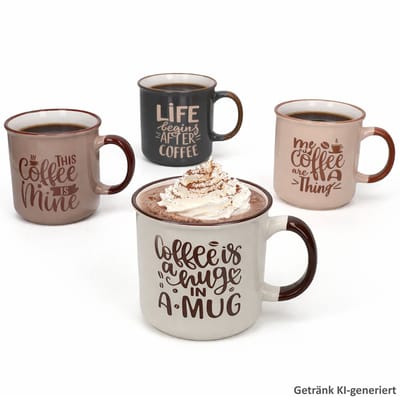 4-delige set koffie mokken XL met spreuken, elk 1x roze, lichtbruin, lichtgrijs en donkergrijs, van aardewerk - Q99000500
