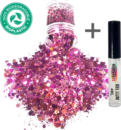 GlittersXL - Chunky Glitters (Rose Roze) + Glitter Huid Lijm [Volume 8g - Festival Jewels Glitter Outfit Lichaam en Gezicht - Make-up Diamond Dots Face Body - Diamantjes Strass Steentjes - Kinderen Volwassenen Dames Makeup Tattoo Mastix Schmink]