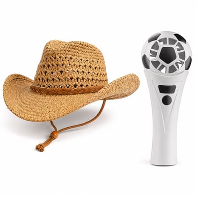 VHV - Zonnehoed en Ventilator Set - bruine cowboyhoed met brede rand en kinband - Aparte voetbal handventilator - Voor strand, reizen, camping