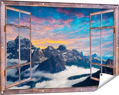 Gards Tuinposter Doorkijk Bergen Landschap met Wolken in Italië - 120x80 cm - Tuindoek - Tuindecoratie - Wanddecoratie buiten - Tuinschilderij
