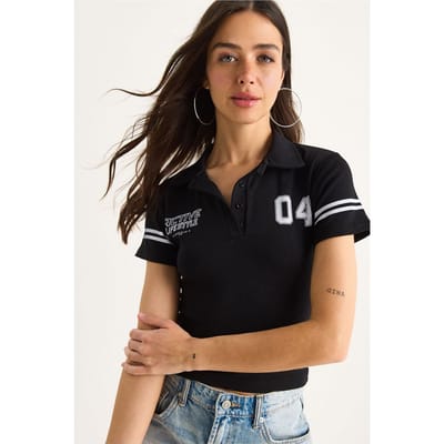 Geprinte Polo Kraag Aansluitende Korte T-Shirt