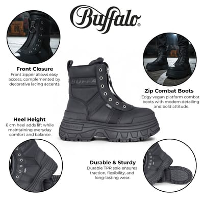 Buffalo Dames Zwarte Chunky Platform Front Zip Hoge Enkel Combat Boots - Fusion