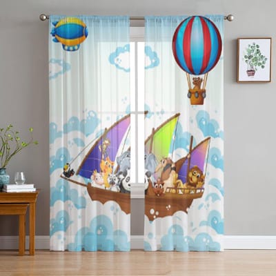 Veel Dieren Op Een Boot Tule Gordijnen Voor Woonkamer Decoratie Moderne Sluier Chiffon Gordijnen Slaapkamer Doorzichtig Gordijn 135W x 114H(cm) white