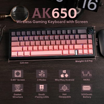 AK650 3-modi draadloos mechanisch toetsenbord, 65% lay-out, RGB, scherm, volumeknop, 5000mAh batterij