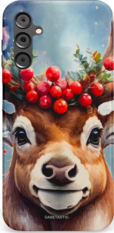 Casetastic hoesje geschikt voor Samsung Galaxy A14 (2023) 5G / Samsung Galaxy A14 (2023) 4G - Dubbellaagse bescherming - Rudolph het Kerst Rendier - Fashion Case - Zilver Taupe Donkergrijs Perzik