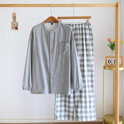 Nieuwe Japanse Lente en Herfst Heren Pyjama Set 100% Katoen Ruit Lange Mouw Broek Huispak Tweedelig Vest Set voor Heren M