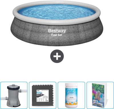 Bestway Rond Opblaasbaar Fast Set Zwembad - Rotanprint - 457 x 84 cm - Inclusief Pomp Vloertegels - Chloor - Zwembadgids