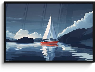 Poster in lijst - Fotolijst 120x80 cm - Posters - Zeilboot - Donkere bergen - Stilte - Posterlijst zwart - Decoratie - Wanddecoratie woonkamer - Muurdecoratie slaapkamer
