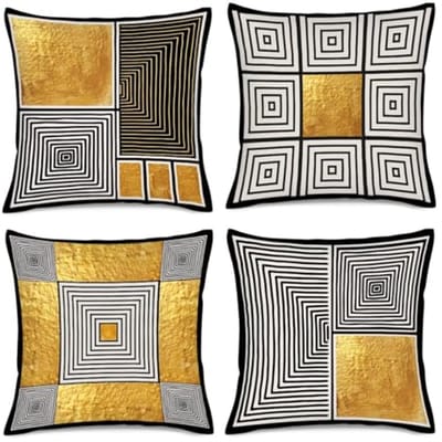 Set van 4 Decoratieve Kussenslopen met Abstracte Geometrische Lijnen in Zwart-Goud voor Woonkamer en Slaapkamer