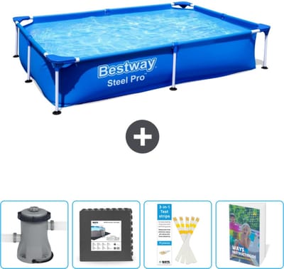 Bestway Rechthoekig Steel Pro Zwembad - 221 x 150 x 43 cm - Blauw - Inclusief Pomp - Vloertegels - Testrips - Zwembadgids