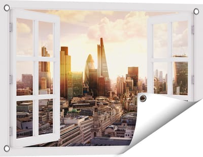 Gards Tuinposter Doorkijk Londen bij Zonsondergang in een Moderne Wijk - 60x40 cm - Tuindoek - Tuindecoratie - Wanddecoratie buiten - Tuinschilderij