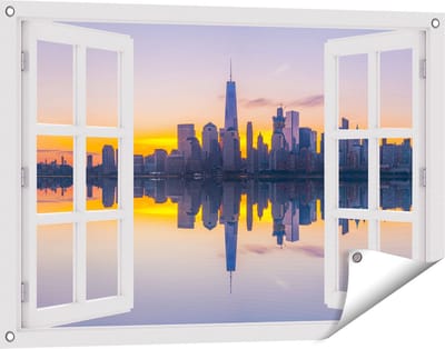 Gards Tuinposter Doorkijk New York Skyline bij Zonsopgang - 90x60 cm - Tuindoek - Tuindecoratie - Wanddecoratie buiten - Tuinschilderij