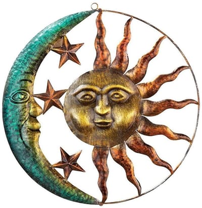 Allecto - Metalen Wanddecoratie - Zon en Maan - Unieke muursculptuur - 29 cm - Hemelse kunst - Voor binnen en buiten - Decoratieve muurdecoratie