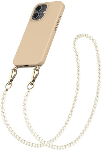 Geschikt voor iPhone 16 Hoesje Met Afneembare Koord - Solidenz Collection - Strap Case - Telefoonketting Kralen - Telefoon Ketting - Lanyard - Geschikt voor MagSafe Case - Met Parel Koord - Caramel