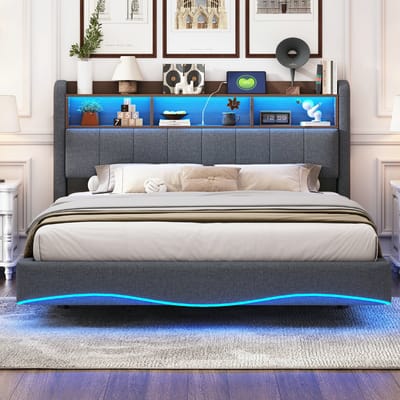 VVBV Gestoffeerd Bed met Opbergruimte 160x200 cm - Opbergruimte, LED-Verlichting, USB-C - Linnen Grijs