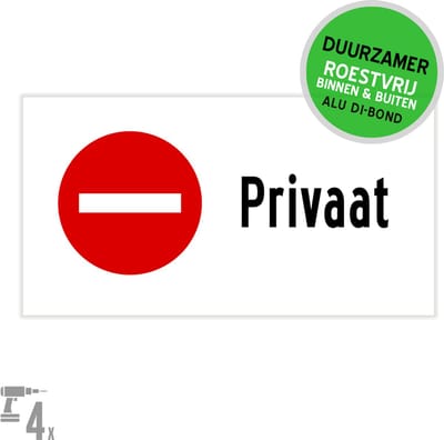Pictogram/ bord Dibond + boorgaten | "Privaat" | 30 x 15 cm | Verboden toegang | Deurbord | C1/ C2 | Gemakkelijk op te hangen | Rood/ wit | 1 stuk
