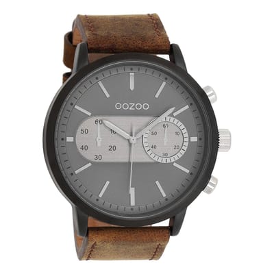 OOZOO Timepieces - Zwarte horloge met bruine leren band - C9057