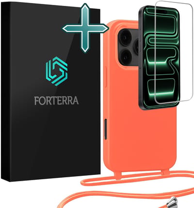 Hoesje Geschikt voor iPhone 17 Pro Case Siliconen Hoes Met Koord Met Screenprotector - Hoes Geschikt voor iPhone 17 Pro Met Telefoonkoord Hoesje Backcover - Papaya