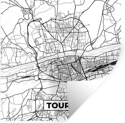 Muurstickers - Sticker Folie - Frankrijk - Tours - Plattegrond - Stadskaart - Kaart - Zwart wit - 100x100 cm - Plakfolie - Muurstickers Kinderkamer - Zelfklevend Behang XXL - Zelfklevend behangpapier - Stickerfolie