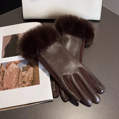 Warme dames winterhandschoenen PU leer – Thermische gevoerde handschoenen met bont | Winterhandschoenen voor vrouwen