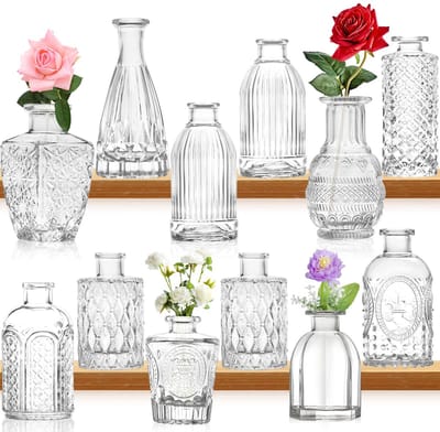 Vaas, knoopvaas, grote verpakking set met 12 mini-vintage bloemenflessen, delicate glazen bloemenvaas, verschillende maten voor bloemstukken, decoratieve tafeldecoratie, bruiloftsfeest