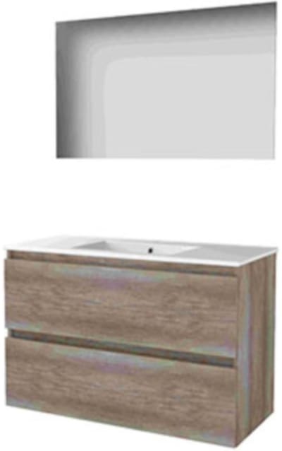 Basic-Line Ultimate 46 Badkamermeubelset - 100 x 46 cm - Greeploos - 2 Lades - Keramische Wastafel - 1 Kraangat - Spiegel met Indirecte LED Verlichting - Scotch Oak