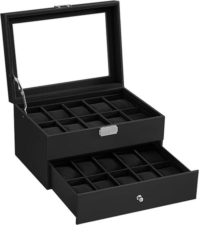 Famanu - Horlogebox, horlogekoffer met glazen deksel, met uitneembare kussens