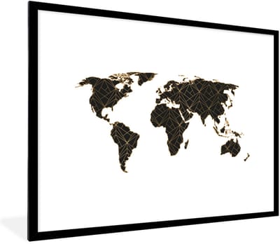 Poster in lijst - Fotolijst 80x60 cm - Posters - Wereldkaart - Lijnen - Goud - Posterlijst zwart - Decoratie - Wanddecoratie woonkamer - Muurdecoratie slaapkamer