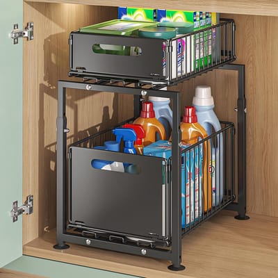 Famanu - Organizer voor onder de gootsteen, 2 niveaus, in hoogte verstelbaar, keukenorganizer van metaal, uittrekbare opbergmand voor badkamer, multifunctionele organizer voor kast