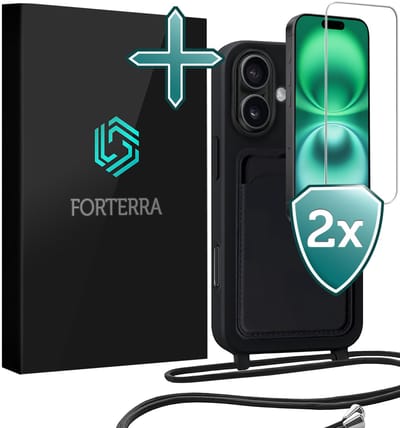 Hoesje Geschikt voor iPhone 16 Plus Pashouder Case Siliconen Hoes Met Koord Met 2x Screenprotector - Hoes Geschikt voor iPhone 16 Plus Met Telefoonkoord Hoesje Back Cover Met Pasjeshouder - Zwart