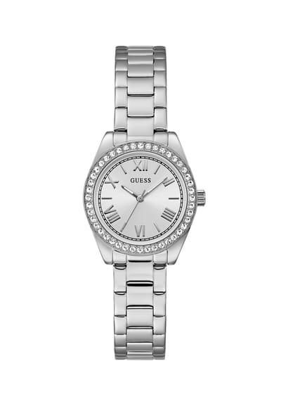 Guess Mini Luna Quartz Analoog Horloge Zilverkleurig Kast Gemaakt Van 100% Roestvrij Staal En Een Armband Van 100% Roestvrij Staal 30 GW0841L6, GW0841L7