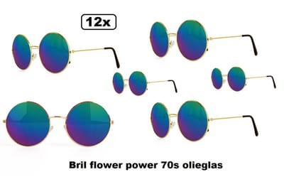 12x Bril flower power 70s olieglas blauw - John lennon bril beatles rond 70s and 80s disco peace flower power happy together toppers uilebril