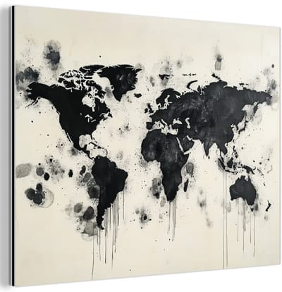 Aluminium schilderij 80x60 cm - Wanddecoratie metaal - Wereldkaart - Zwart - Inkt - Metalen muurdecoratie woonkamer - Decoratie industrieel - Foto op dibond - Industriële accessoires slaapkamer
