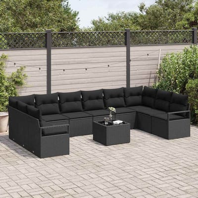 vidaXL Tuinbank Set met kussen met opslag 11 pcs Zwart poly rattan