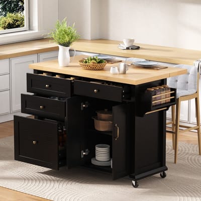 MODENUIT Keukeneiland - Uitschuifbaar Werkblad Met Wielen - Voor Keuken - MDF Zwart/Naturel - 107x45-70x90,5 cm