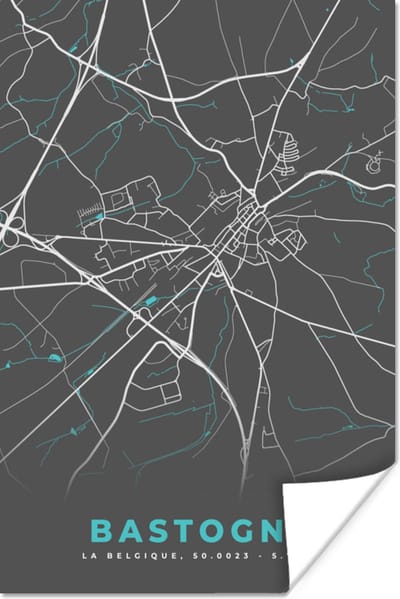Poster Kaart – Plattegrond – Stadskaart – Bastogne – België - Grijs - 120x180 cm XXL