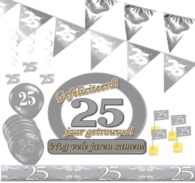 25 jaar getrouwd versiering pakket M 7 delig -zilveren bruiloft.