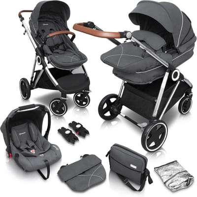 3-in-1 Kinderwagen met Zilveren Frame - Combi Kinderwagenset voor Baby's - Inclusief Sportstoel, Babybadje en Autozitje