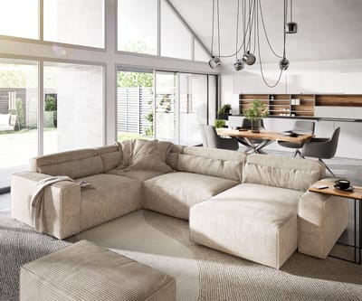 Woonkamerlandschap Sirpio 300x210 cm koord beige recamiere variabel met kurk