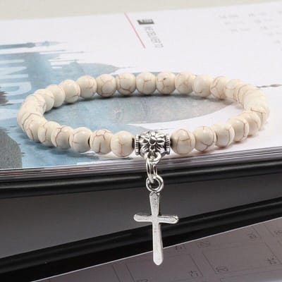 Kralen Armband met Kruisje - Bijoux - Marmer Patroon - Armbanden Heren Dames Kruis - Papa Cadeau Voor Mannen - Vaderdag