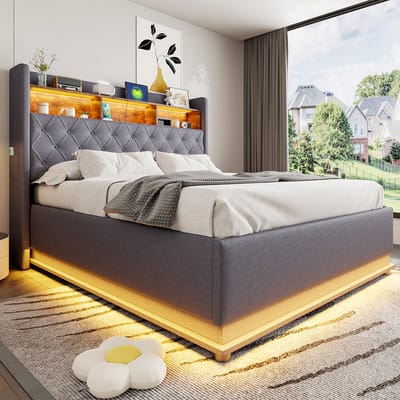 Pugsdrly Tweepersoonsbed Volwassen bed LED opbergbed 160 x 200 cm met opbergruimte, USB oplaadpoort en hydraulische opberging linnen grijs