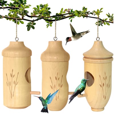 Kolibriehuis - Natuurlijk houten kolibriehuis, geschikt om buiten op te hangen, voor tuin- en huisdecoratie, 3-delige set.