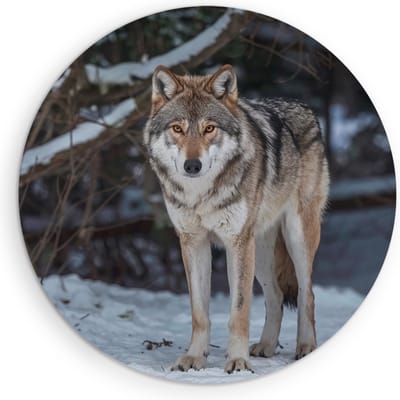 Saammp Muurcirkel Hout - Wolf in de sneeuw - Winter - Dieren - Natuur - Ø 90 - Wandcirkel - Wanddecoratie Cirkel - muurdecoratie Woonkamer - Slaapkamer decoratie - Rond Schilderij