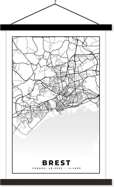 Posterhanger incl. Poster 40x60 cm - Schoolplaat - Stadskaart - Plattegrond - Kaart - Frankrijk - Brest - Zwart wit - Textielposter - Zwarte latten - Stadskaart