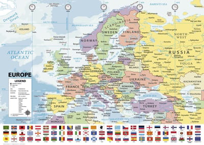 Europakaart poster - Landen - vlaggen - 50 x 70 cm.