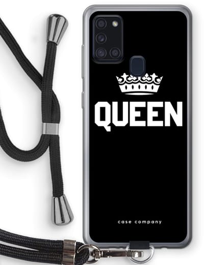 Case Company® - Hoesje met koord geschikt voor Samsung Galaxy A21s hoesje met Koord - Queen zwart - Telefoonhoesje met Zwart Koord - Bescherming aan alle Kanten en Over de Schermrand