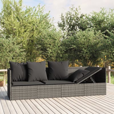vidaXL - Loungebed - met - kussens - poly - rattan - grijs