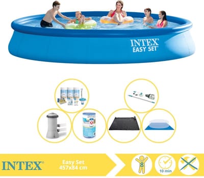 Intex Rond Opblaasbaar Easy Set Zwembad - 457 x 84 cm - Blauw - Inclusief Pomp - Onderhoudspakket - Filter - Grondzeil - Stofzuiger - Solar Mat - 7-delig