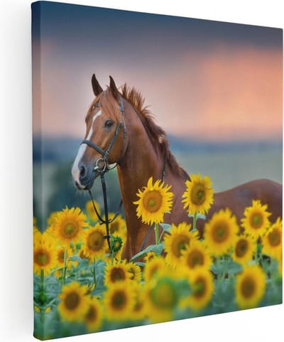 Artaza Canvas Schilderij Paard - 80x80 cm - Wanddecoratie Zonnebloemen - Muurdecoratie Bloemenveld - Schilderijen Op Canvas Dieren