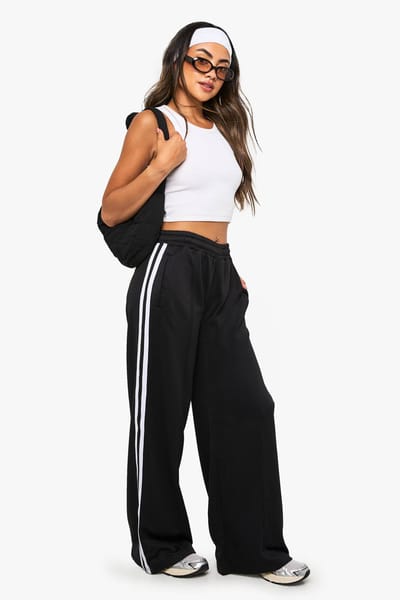 boohoo Dames Petite Tricot Zijgestreepte Tape Jogger met rechte pijpen | Zwart | Maat: Large